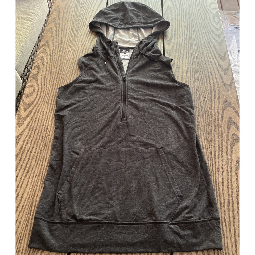 Nike Dri-FIT Sleeveless Hoodie Vest Sz Small Gray Swoosh Hood 1/2 Zip Men's Gym